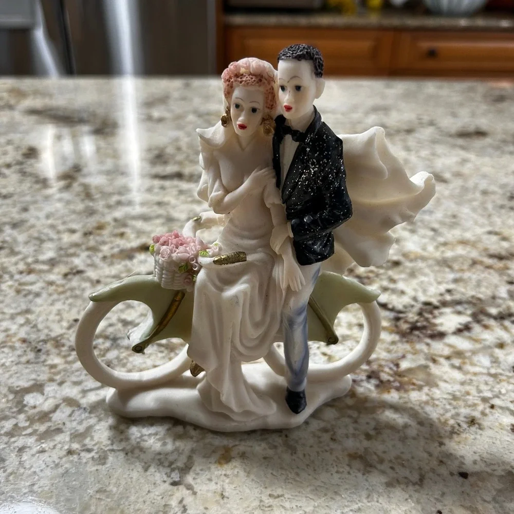 Vintage Style Bride and Groom on Bicycle Wedding Cake Topper Figurine Keepsake